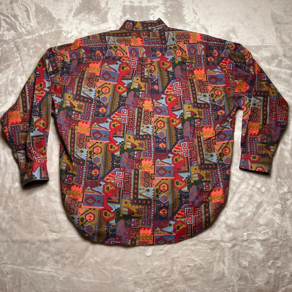 Vtg At Last Basics Button Up Shirt Womens M‎ Aztec Abstract Shoulder Pads 90s - Picture 5 of 8